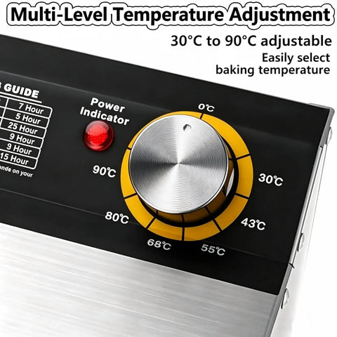 Straight Up Seriously Even Drying Stainless Steel Food Dehydrator With 8 Roomy Trays temperature control dial showing adjustments from 30°C to 90°C.