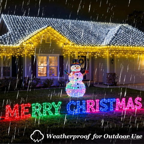 House decorated with 1620 LED 164ft Outdoor Christmas Lights Diamond Inspired Faceted Curtain String Lights Warm White in rain