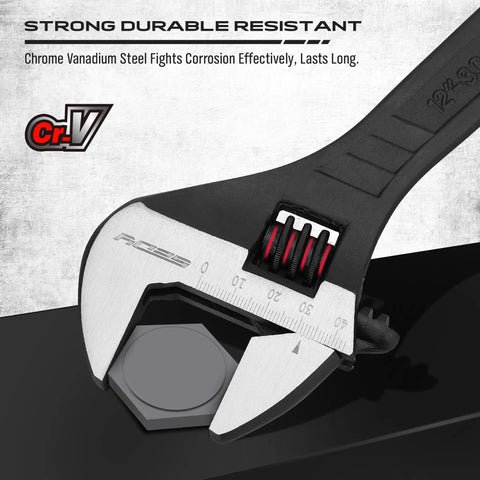 Close-up of 4 Piece Adjustable Wrench Set With 6, 8, 10, 12 Inch Sizes In Chrome Vanadium Steel for repairs, black oxide finish.
