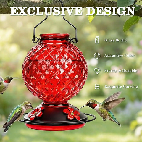 25 Oz Glass Hummingbird Feeder With Ant Moat And Bee Proof Feeding Ports, 360 Degree Perch, Leak Proof Outdoor Hanging Design