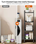 Before and after showing Expandable 4 Tier Slim Storage Cart On Wheels In Black With Adjustable Width From 8.3 To 12.6 Inches next to washer