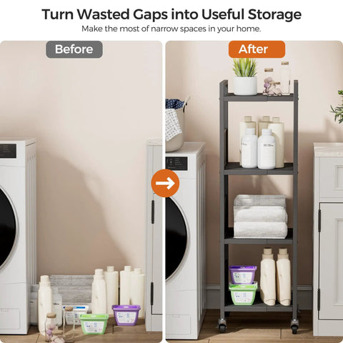 Before and after showing Expandable 4 Tier Slim Storage Cart On Wheels In Black With Adjustable Width From 8.3 To 12.6 Inches next to washer
