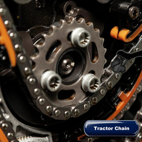Close-up of a tractor chain and sprocket lubricated with Heavy Duty Moly Grease With Five Percent Molybdenum Disulfide