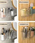Four Pack Clear Wall Mount Organizers With Super Strong Adhesive Perfect For Kitchen Cabinets And Pantries Food Grade Storage Bins Stackable Desktop Baskets organized with bathroom items, stationery, toothbrushes, and cosmetics.