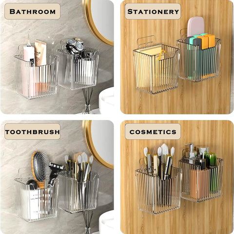 Four Pack Clear Wall Mount Organizers With Super Strong Adhesive Perfect For Kitchen Cabinets And Pantries Food Grade Storage Bins Stackable Desktop Baskets organized with bathroom items, stationery, toothbrushes, and cosmetics.
