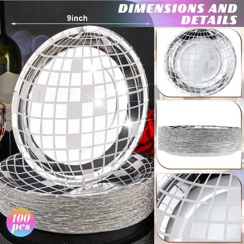 Totally Perfect 100 Pack 9 Inch Silver Disco Plates For 70s Party Decor shown in stack and detail view, 9-inch size marker