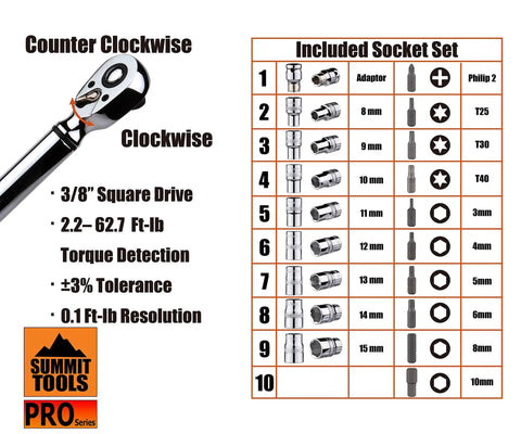 Digital Torque Wrench Three Eighths Inch Drive Measures Peak Torque With LCD Display Pro Grade Calibrated Compact Tool specs and socket set included