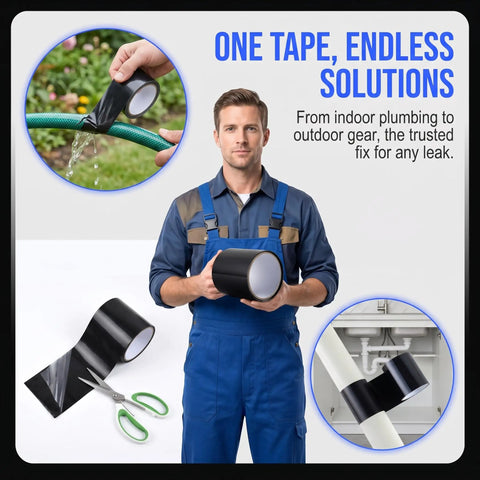 Heavy Duty Waterproof Duct Tape That Sticks Like Crazy For Indoor And Outdoor Repairs A Go To Home Fix For PVC Leaks Buckets And Plumbing Sealing Moisture Resistant Seal 4.9 Feet By 0.6 Inch shown in use on garden hose and pipes.