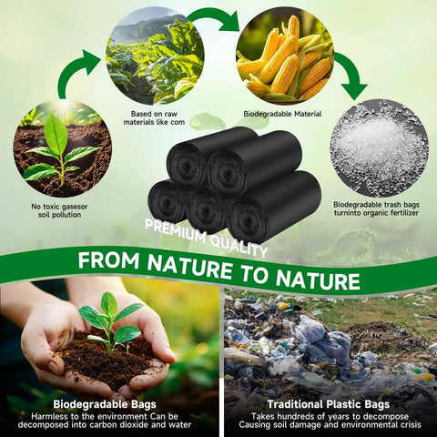 2 Gallon Biodegradable Mini Trash Bags Unscented Black Liners For Bathroom Kitchen Office Car Small Waste Baskets 105 Count Compostable Heavy Duty Bulk Pack For Eco Friendly Cleanup image showcasing eco-friendly production and decomposition process.