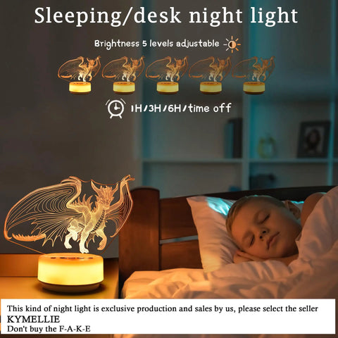 Dragon Night Light For Kids And Adults With 14 Color Options And Remote, 3D Illusion Lamp on bedside table near sleeping child