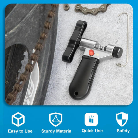 Universal Bike Chain Tool With Chain Hook, Two In One Chain Breaker And Installer beside bike wheel on gray surface