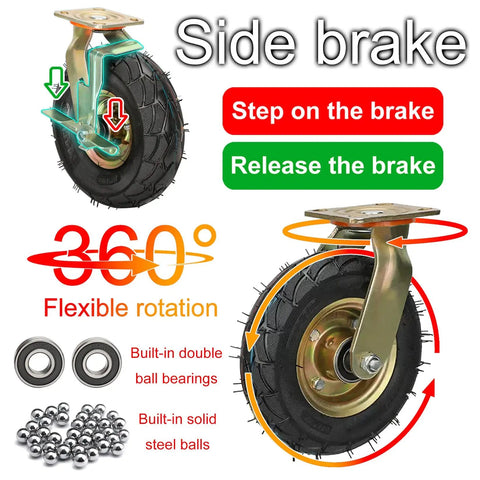 Premium Pneumatic Rubber Caster Wheels Featuring Heavy Duty Swivel Brakes For Back Breaking Carts And Tool Dollies Gotta Roll Slick Outdoors with side brake and 360° rotation.