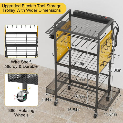 All In One Power Tool Organizer Cart With Charging Station On Wheels Heavy Duty Garage Tool Storage With 8 Outlet Power Strip