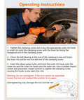 Technician using Heavy-Duty 5-Piece Dual Wheel Separator Kit With 11-Thread Pusher on a truck wheel, instructions displayed.