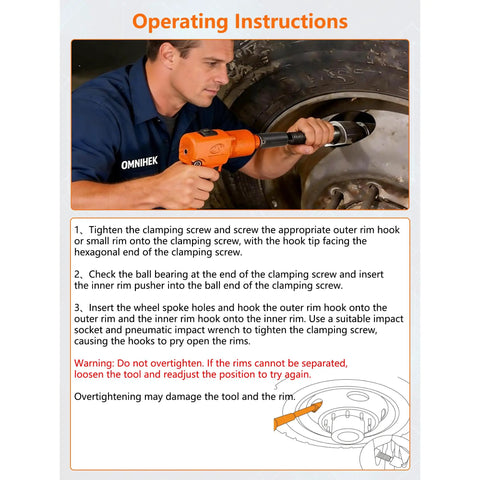 Technician using Heavy-Duty 5-Piece Dual Wheel Separator Kit With 11-Thread Pusher on a truck wheel, instructions displayed.
