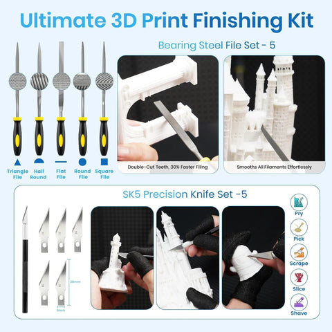 Ultimate 3D Print Finishing Kit with steel files and precision knives for Pro Grade 84 Piece 3D Printer Tools Kit With Slotted Organizer Bag