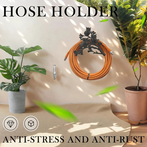 Owl Cast Iron Hose Holder For Wall Mount, Heavy Duty Garden Hose Hanger With Vintage Style, mounted on outdoor wall with plants