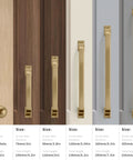 5 brass cabinet handles and knob shown on different wood textures with size details, featuring brushed gold drawer pulls.