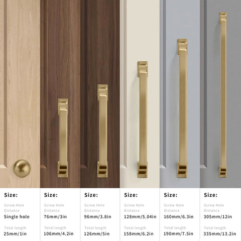 Various cabinet handles and knobs in different sizes and finishes on wooden and colored backgrounds, showing dimensions.