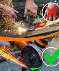 Demonstration image of Five Inch Type Twenty Seven Angle Grinder Blade Guard Replacement Part For 2686 20 2880 20 2881 20 2882 20 2883 20 Heavy Duty Safety Shield For Angled Grinders in use, showing sparks safely deflected by the guard.