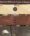 Before and after wood surface repairs showcasing small holes, scratches, and discoloration using the Top Shelf Wood Repair Kit Featuring Slick Scratch Fix And 12 Color Wood Filler Set For Effortless Diy Furniture Restoration That Looks Brand New Again Touch Up Scratches Fast.