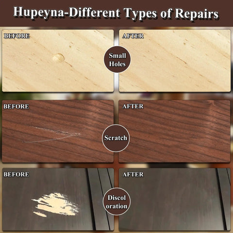 Before and after wood surface repairs showcasing small holes, scratches, and discoloration using the Top Shelf Wood Repair Kit Featuring Slick Scratch Fix And 12 Color Wood Filler Set For Effortless Diy Furniture Restoration That Looks Brand New Again Touch Up Scratches Fast.