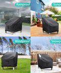All Weather Waterproof Patio Chair Covers 2 Pack Heavy Duty 600D Oxford Cloth Outdoor Lawn Lounge Deep Seat Covers Black in various weather conditions demonstrating rainproof, sunproof, windproof, and snowproof protection.