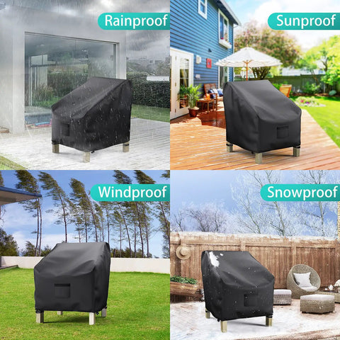 All Weather Waterproof Patio Chair Covers 2 Pack Heavy Duty 600D Oxford Cloth Outdoor Lawn Lounge Deep Seat Covers Black in various weather conditions demonstrating rainproof, sunproof, windproof, and snowproof protection.