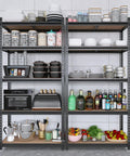 Heavy Duty 2000 Lb 5 Tier Metal Garage Shelving Unit With Wood Shelves, 72 Inch H, 36 Inch W, 16 Inch D, filled with kitchen items