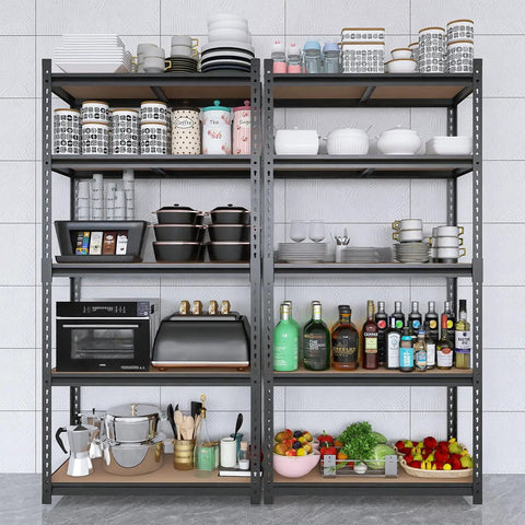 Heavy Duty 2000 Lb 5 Tier Metal Garage Shelving Unit With Wood Shelves, 72 Inch H, 36 Inch W, 16 Inch D, filled with kitchen items