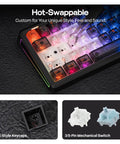 Wireless Mechanical Gaming Keyboard With Rotary Dial Knob And 8000mAh Battery showing hot-swappable keys and MX-style keycaps.
