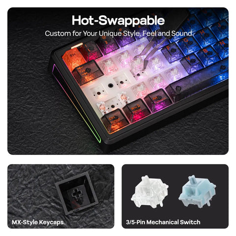 Wireless Mechanical Gaming Keyboard With Rotary Dial Knob And 8000mAh Battery showing hot-swappable keys and MX-style keycaps.