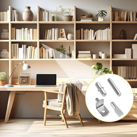 Premium Nickel Shelf Pegs Kit With 124 Pieces Of Five Smooth Styles Including L Shaped Dowel Pins And Spoon Holders For Cabinet And Glass Shelves Slick Finish showcased on a wooden shelf.