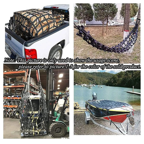 Heavy Duty Cargo Lifting Net 2X2M features beefy 15 cm mesh weave, shown securing cargo in truck and lifting with a forklift.