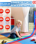 Child playing with Double Sided Flexible Race Track With Strong Suction Cups For Wall Or Window Use 1 64th Diecast Cars set