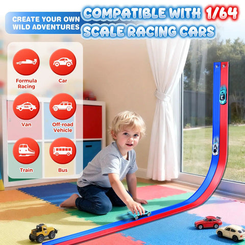 Child playing with Double Sided Flexible Race Track With Strong Suction Cups For Wall Or Window Use 1 64th Diecast Cars set
