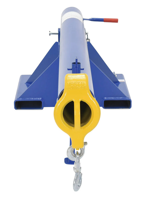 Heavy Duty Telescoping Forklift Boom Attachment With 6000 Lbs Load Capacity And 24 Inch Forks Built Tough From Welded Structural Steel For Zero Hassle Thirty Seven Degree Tilting, front view.