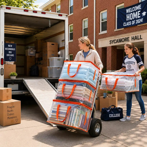 Students moving with Extra Large Clear Moving Bags 2 Pack Heavy Duty Totes With Reinforced Handles And Label Pocket For College Dorm Clothes