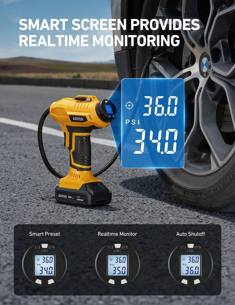 Cordless Tire Inflator Air Compressor With 20V Rechargeable Battery inflating car tire, showing digital pressure gauge, 160 PSI maximum.