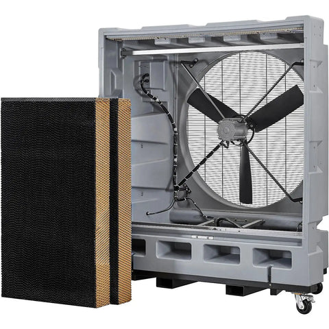 48 Inch Diameter Portable Evaporative Cooler With Direct Drive Motor and Wireless Remote LCD Display Panel, includes cooling pads.