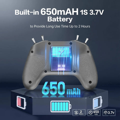 ELRS V3 RC Transmitter With Nano Receiver CR8 For FPV Drones shown with 650mAh 3.7V battery feature highlighted