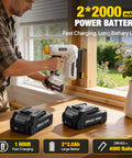 Pro Grade 20V Cordless 18Gauge Brad Nailer And Electric Staple Gun Kit With Two Rechargeable Battery Packs being used indoors.