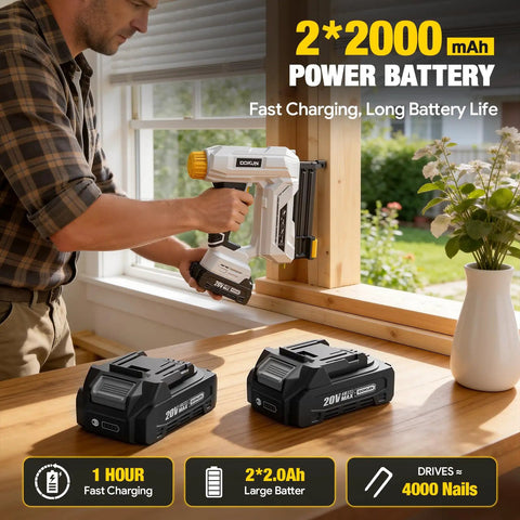 Pro Grade 20V Cordless 18Gauge Brad Nailer And Electric Staple Gun Kit With Two Rechargeable Battery Packs being used indoors.