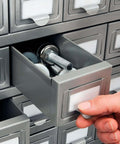 Heavy Duty 100 Drawer Small Parts Storage Cabinet With Label Holders All Steel Construction In Gray Enamel, open drawer view