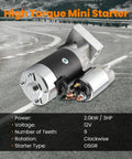 Beefy High Torque Mini Starter For Chevy Small Block Big Block V8 Engines with 2.0 kW power and 12V voltage.