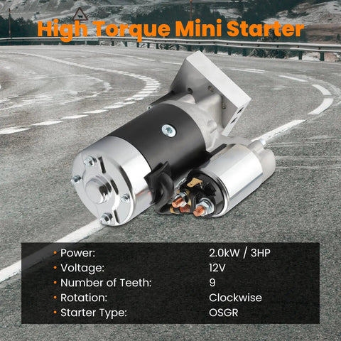 Beefy High Torque Mini Starter For Chevy Small Block Big Block V8 Engines with 2.0 kW power and 12V voltage.