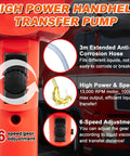 High Power Handheld Transfer Pump with 3m hose, 13000 RPM motor, and 6-speed adjustment for efficient liquid transfer.