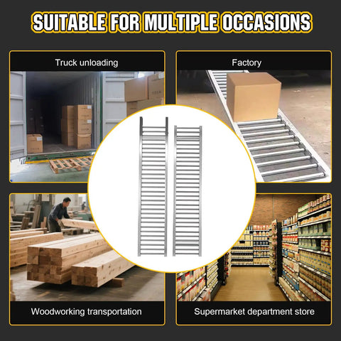 Heavy Duty Unpowered Roller Conveyor With Stainless Steel Frame For Warehouse Loading And Unloading Heavy Boxes Up To 440 Lbs shown in truck unloading and factory settings.