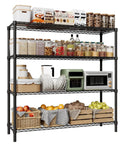 Metal 4 Tier Shelving Unit For Garage And Home Storage, 47.24 Inch Wide Wire Shelves filled with kitchen supplies and food items.