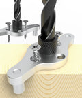 Precision Dowel Jig Kit For Floating Shelves Includes Half Inch Drill Bit, showing drill bit and jig on wood.